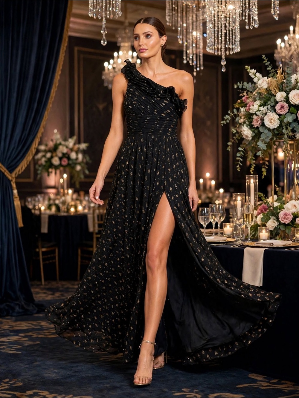 Mac Duggal Women's One Shoulder Ruffle Chiffon Gown With Slit Black/gold size 6